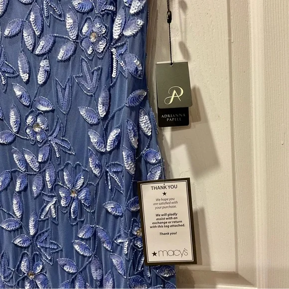 Beautiful Adrianna Papell Blue Dress with Floral Beaded & Sequins Embroidery - Picture 4 of 15